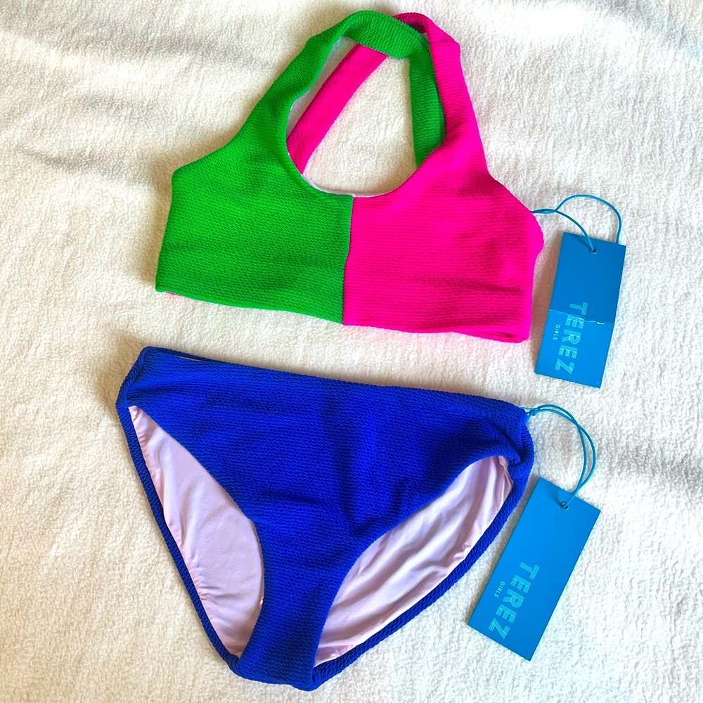 Terez Colorblock Sport Bikini in Terez Pink and Spring Green - size 6X - NWT